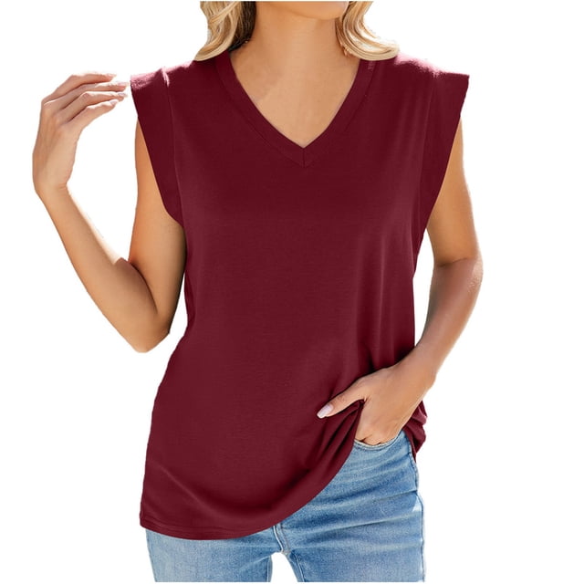 Mrat Racerback Tank Tops Débardeurs pour Femmes Mode Décontractée Couleur Unie Sans Manches Col en V Débardeurs pour Femmes Chic Décontracté S-391 Rouge-A TG