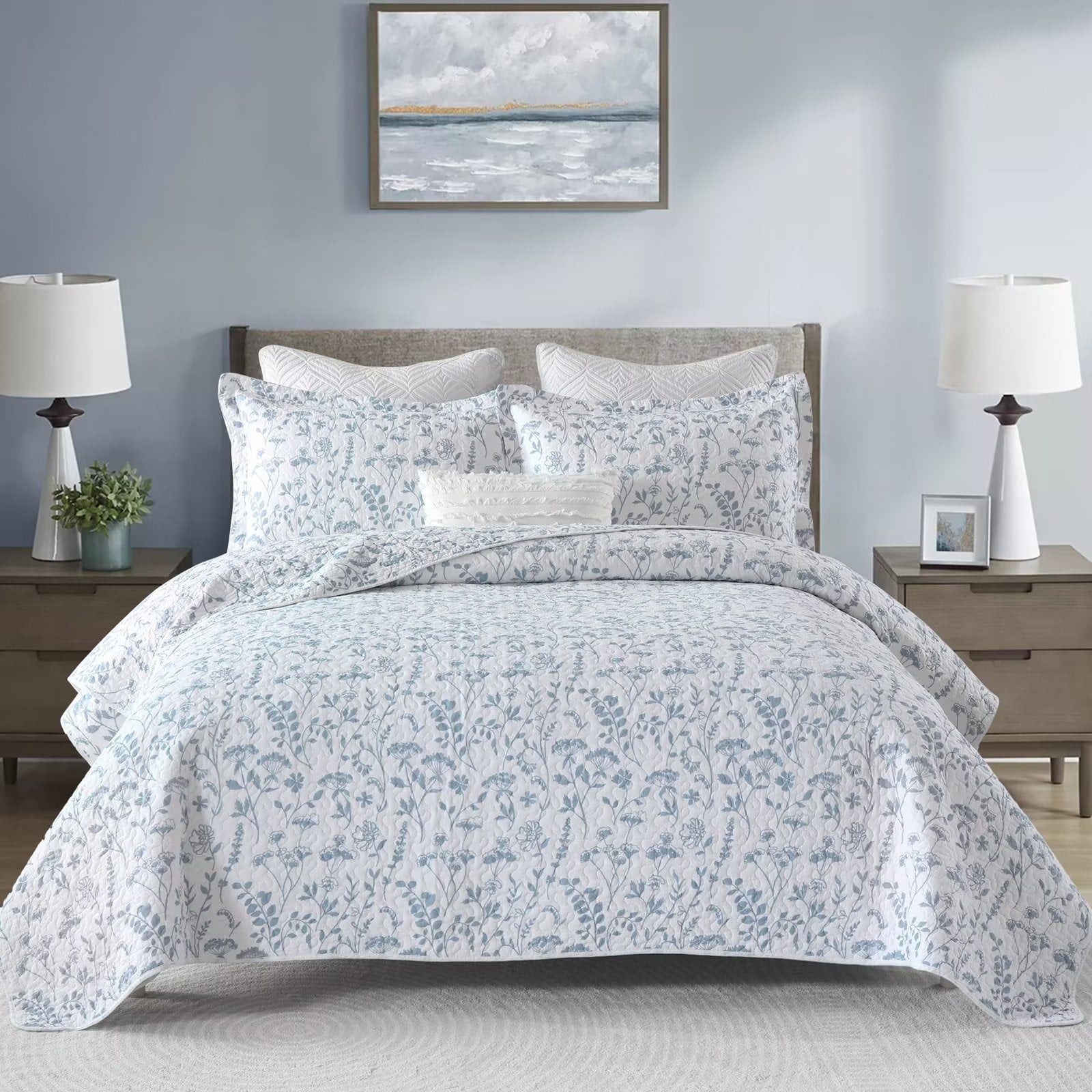 Bedduvit Blue & White Floral King Size Quilt - 100% Cotton Spring Flower Reversible Garden Country Quilt Bedspread, Lightweight Breathable King Quilt, 3-Piece Comforter Set for All Season 98"x106"