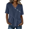 thumbnail image 3 of Craaazy Women's Plus Size Versatile Solid Color Cotton Linen V-Neck Short Sleeve T-shirts with Ruffle Trim for Daily Wear, 3 of 7