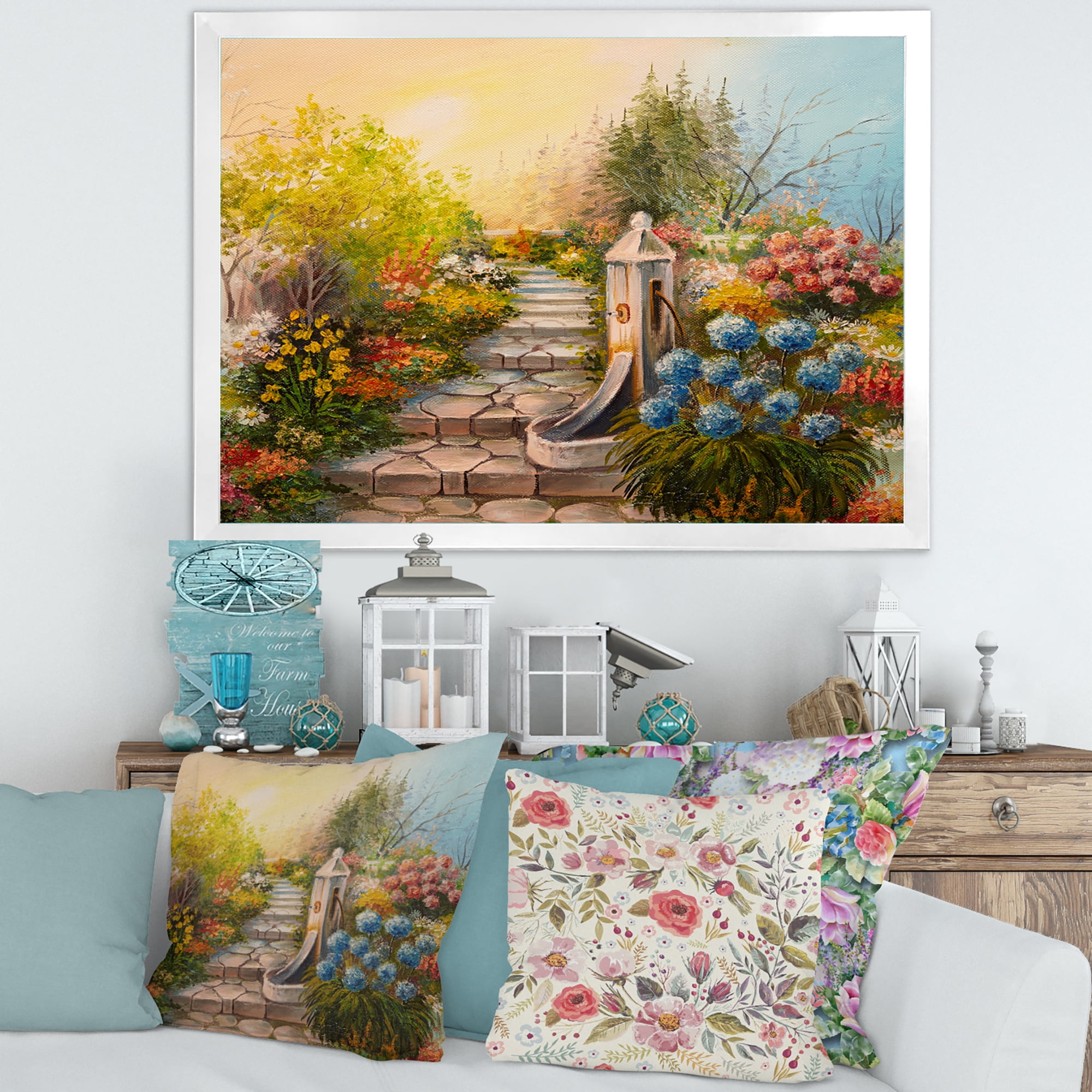 Designart 'Stone Stairs In The Blossoming Flowers Forest' Traditional Framed Art Print