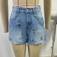 thumbnail image 4 of ZVNAΖH Women's Petite High Waist Denim Shorts, Floral Embroidered Frayed Hem Pocket Shorts for Spring Summer, 4 of 8