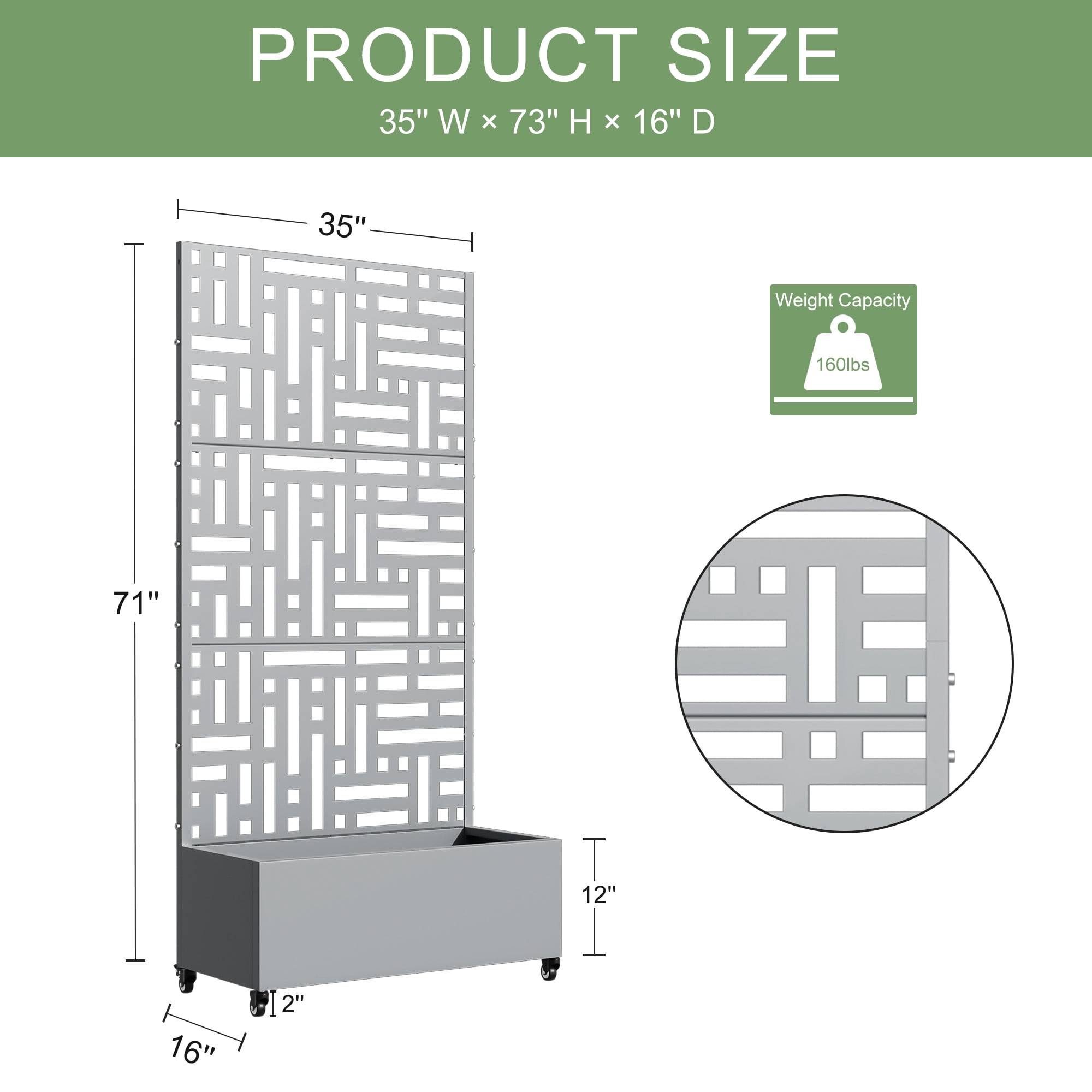 MAYEERTY 72.0"×35.4"×15.7" Gray Iron Planter Box with Trellis - Street-Inspired Design, Sturdy for Climbing Vines