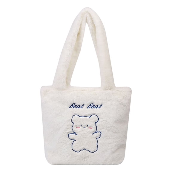 Women Cute Bear Print Cartoon Large Capacity Shopping Bags Shoulder Bags Plush Handbags Tote Bag WHITE