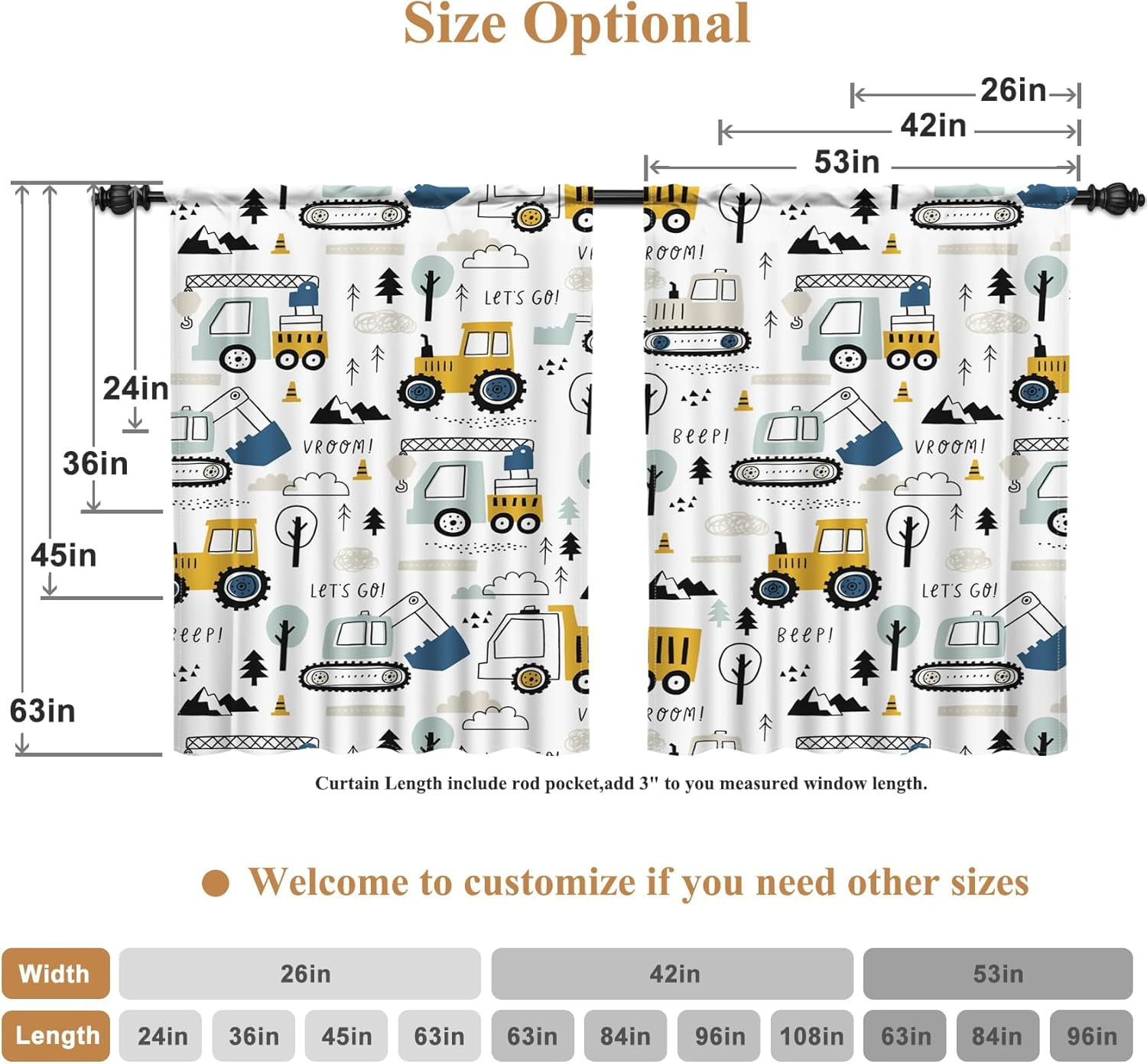 52 x 84 Inch Construction Vehicles Kids Curtains for Bedroom Living Room Excavator Concrete Mixer Crane Cartoon Equipment Trucks Rod Pocket Window Treatments Room Darkening Dreapes 2 Panels