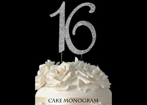 Large Rhinestone Silver Crystal Sweet Sixteen 16 Birthday Number Cake Topper 