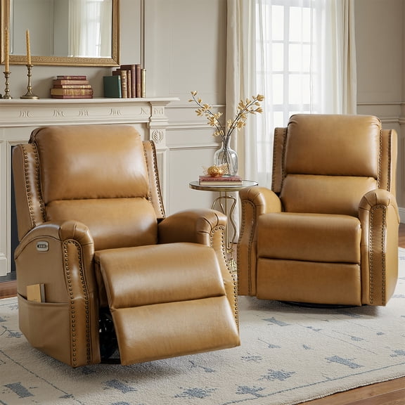 Tina's Home Swivel Genuine Leather Power Recliner Chairs Set of 2 with Heat & Lumbar Support for Living Room, Camel