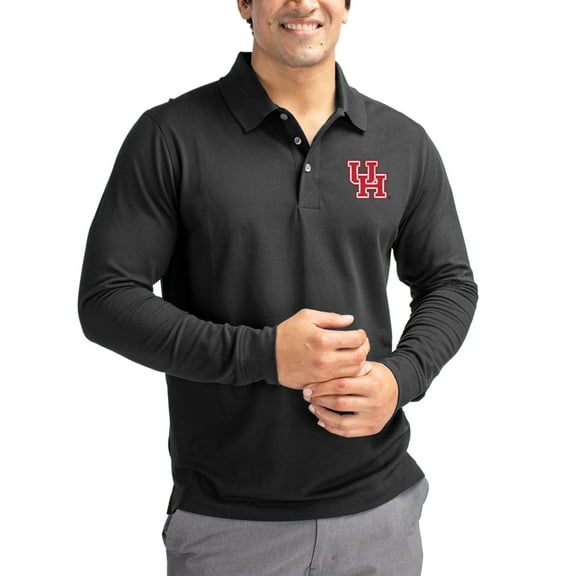 Men's Cutter & Buck Black Houston Cougars Advantage Eco Tri-Blend Pique Long Sleeve Polo