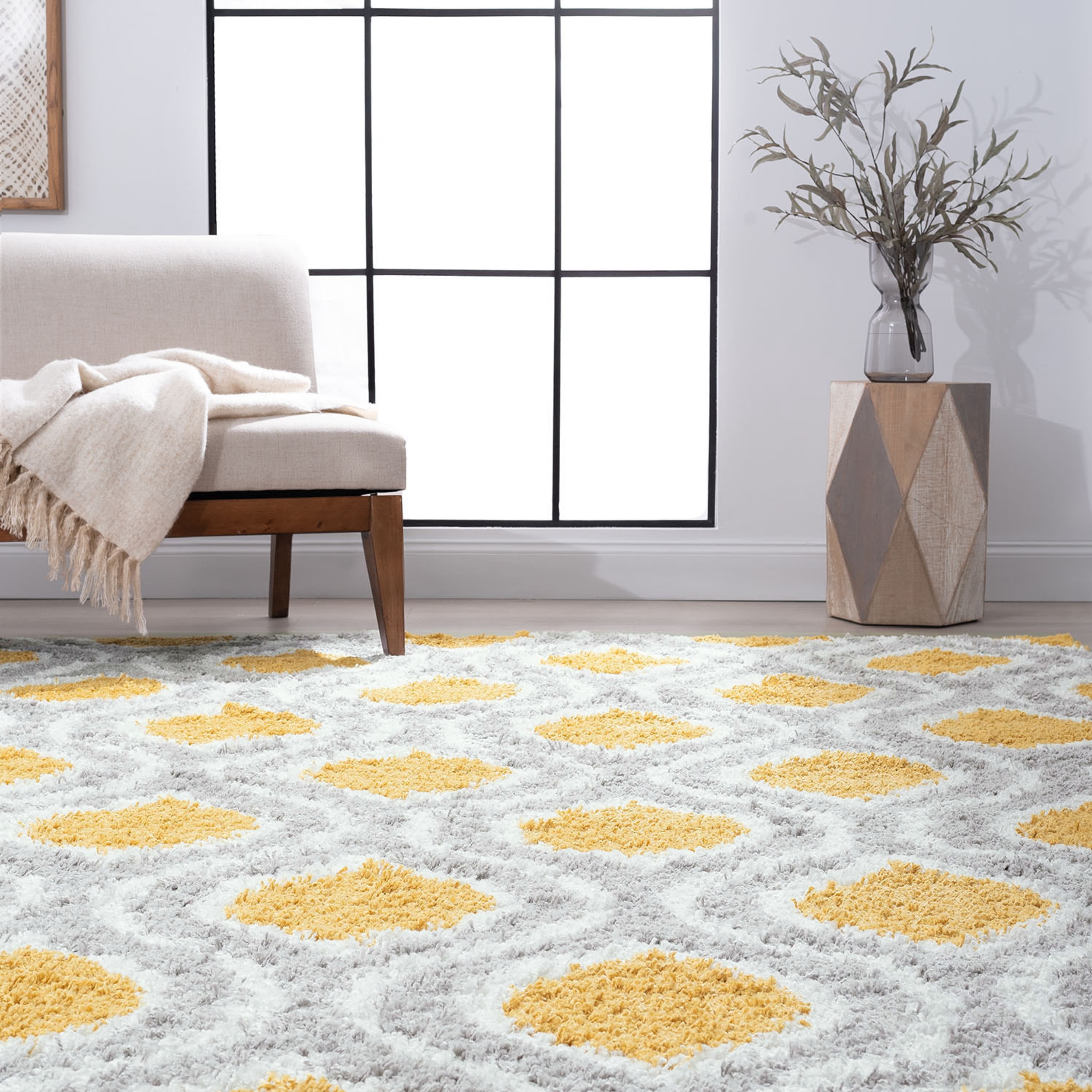 Contemporary 9x12 Area Rug Shag Thick (8'10'' x 12'2'') Geometric Gold, Silver Living Room Easy to Clean