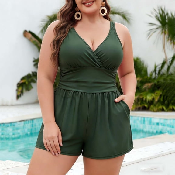 Xdegoge One Piece Swimsuits for Women Wrap V Neck Romper Bathing Suits with Pockets Smooth Solid Ruched Tummy Control Slimming Modest Summer Resort