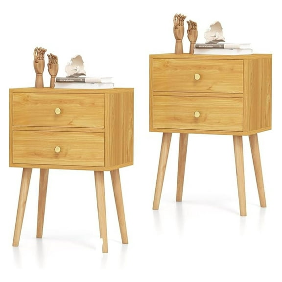 2 Drawers Nightstand Set of 2, Stylish Side Table with Round Handles & Sturdy Solid Wood Legs, Modern End Table with 2 Drawers for Bedroom, Small Spaces (2, Natural)