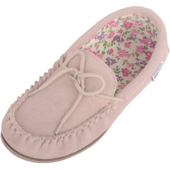 SNUGRUGS Grace Womens Suede Moccasins with Floral Cotton Inner and Rubber Sole - Beige - US 11