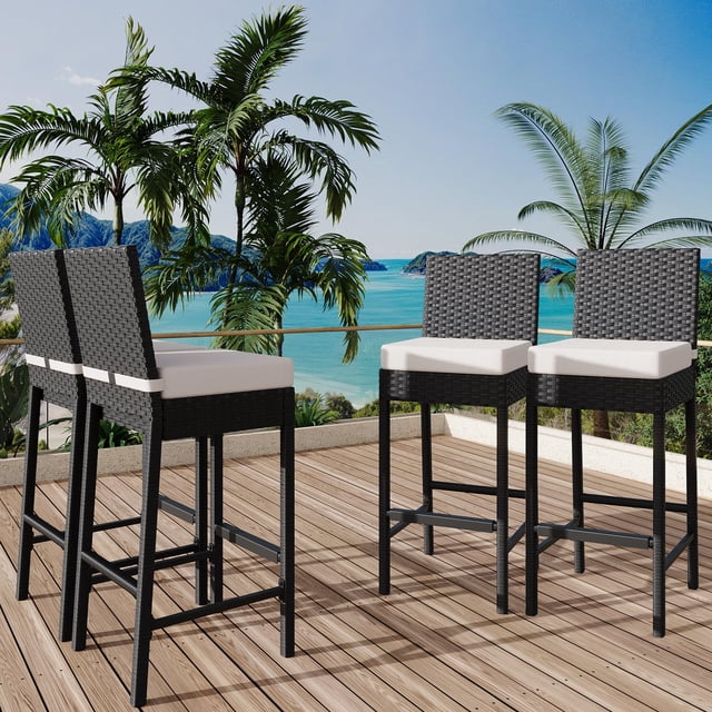 Kojooin Set of 4 Wicker Woven Outdoor Bar Stools, Rattan Patio Stools with Soft Seat Cushions