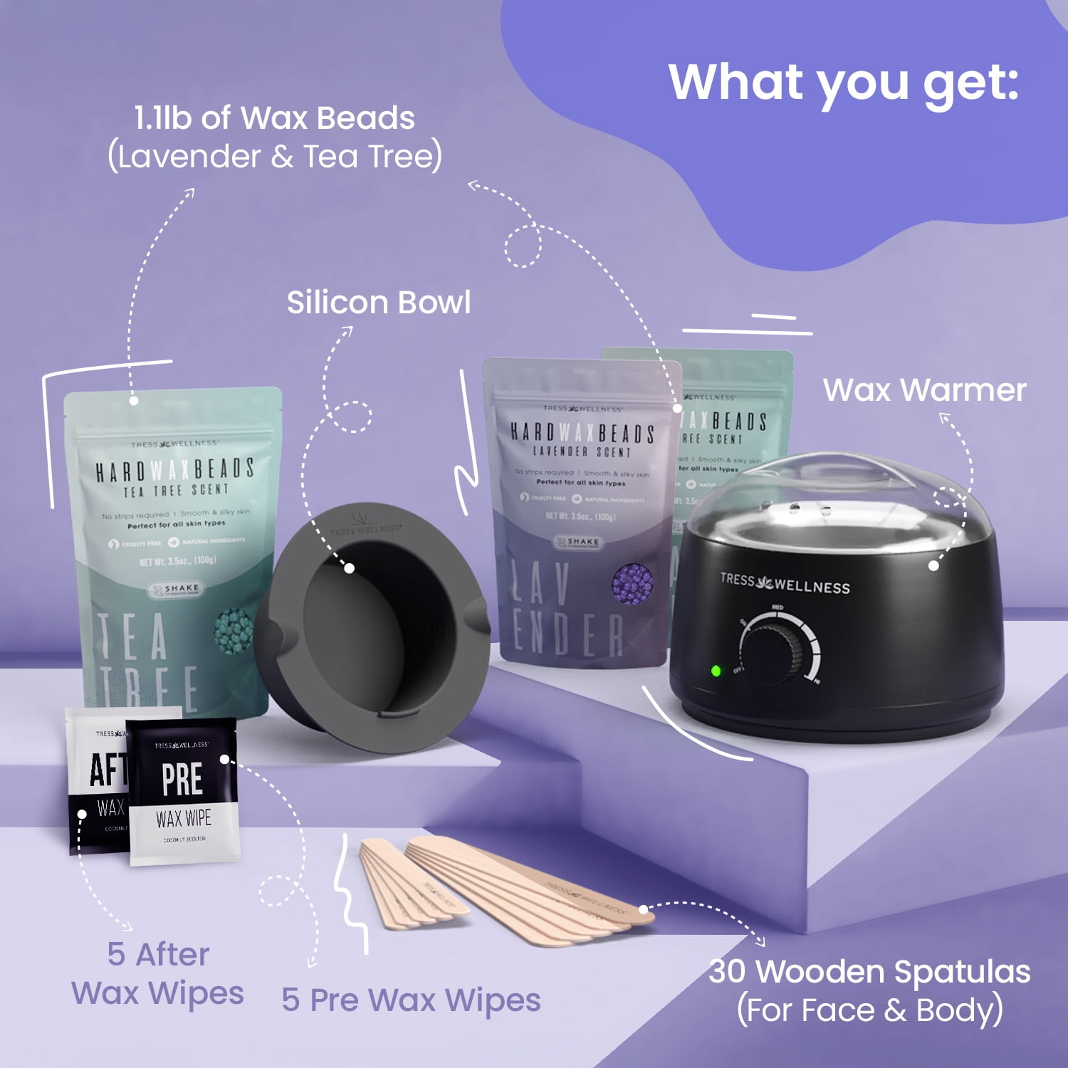 Tress Wellness Hair Removal Waxing Kit for Men & Women with Hard Wax Beads, Black