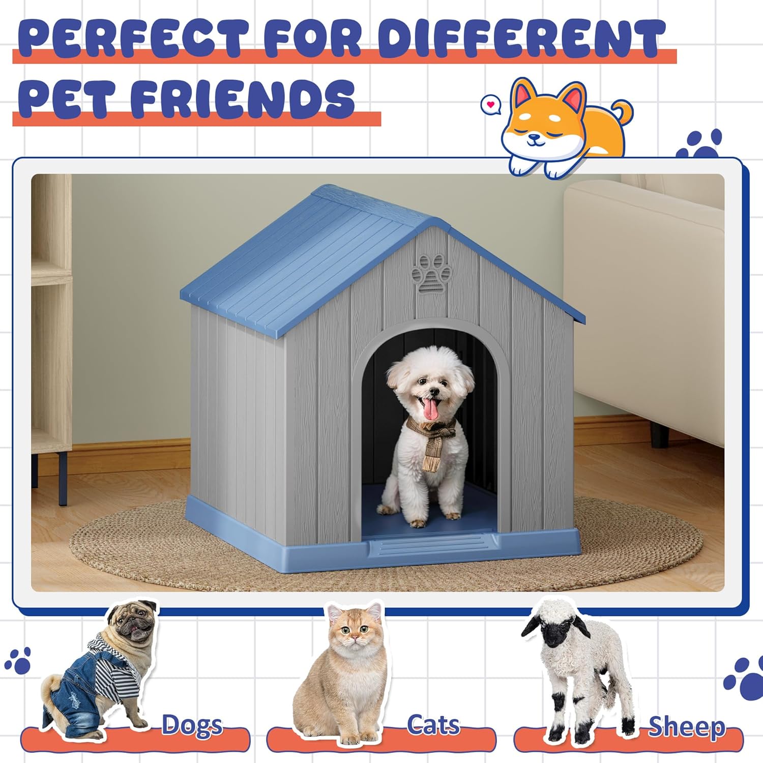 Dog House Outdoor Indoor, Plastic Small Dog House-Weatherproof Design with Air Vents & Elevated Floor for Small to Medium Dogs, Easy Clean and Assemble (Blue)