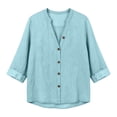 thumbnail image 7 of Nmnitkp Long Sleeve Shirts for Women Cotton Linen Button Down Shirt Stand V Neck Roll Up Long Sleeve Loose Fit Casual Blouse for Fall Work Daily Loungewear Light Blue,XL, 7 of 7