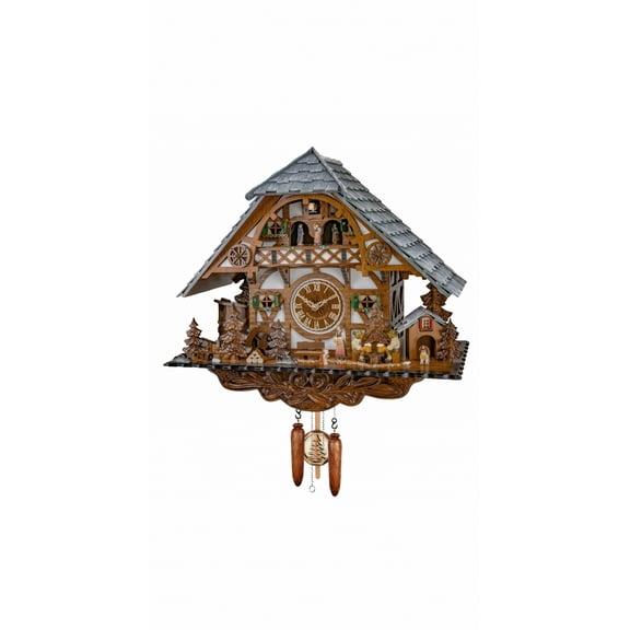 Quartz Cuckoo Clock with Musik Black Forest house with moving beer drinkers and mill wheel