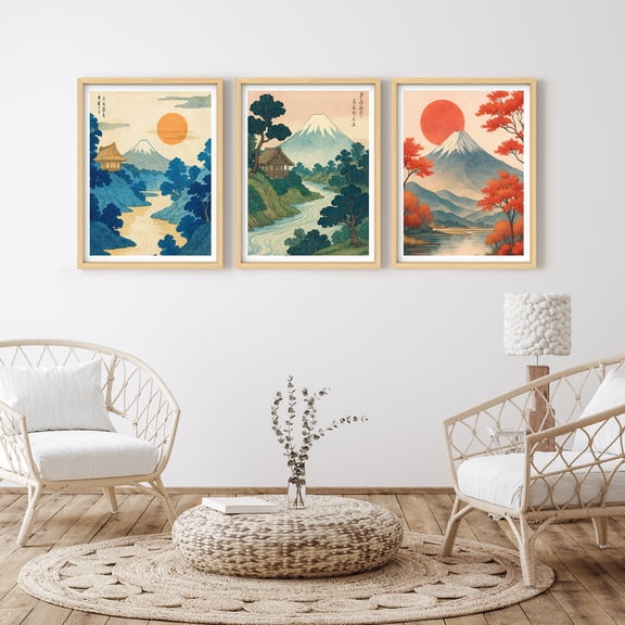 Framed Print Wall Art Set of 3 - Abstract Landscape Poster Art - 3 Pieces Japanese Style Vintage Wall Decor for Living Room - 12"x16"x3 Natural