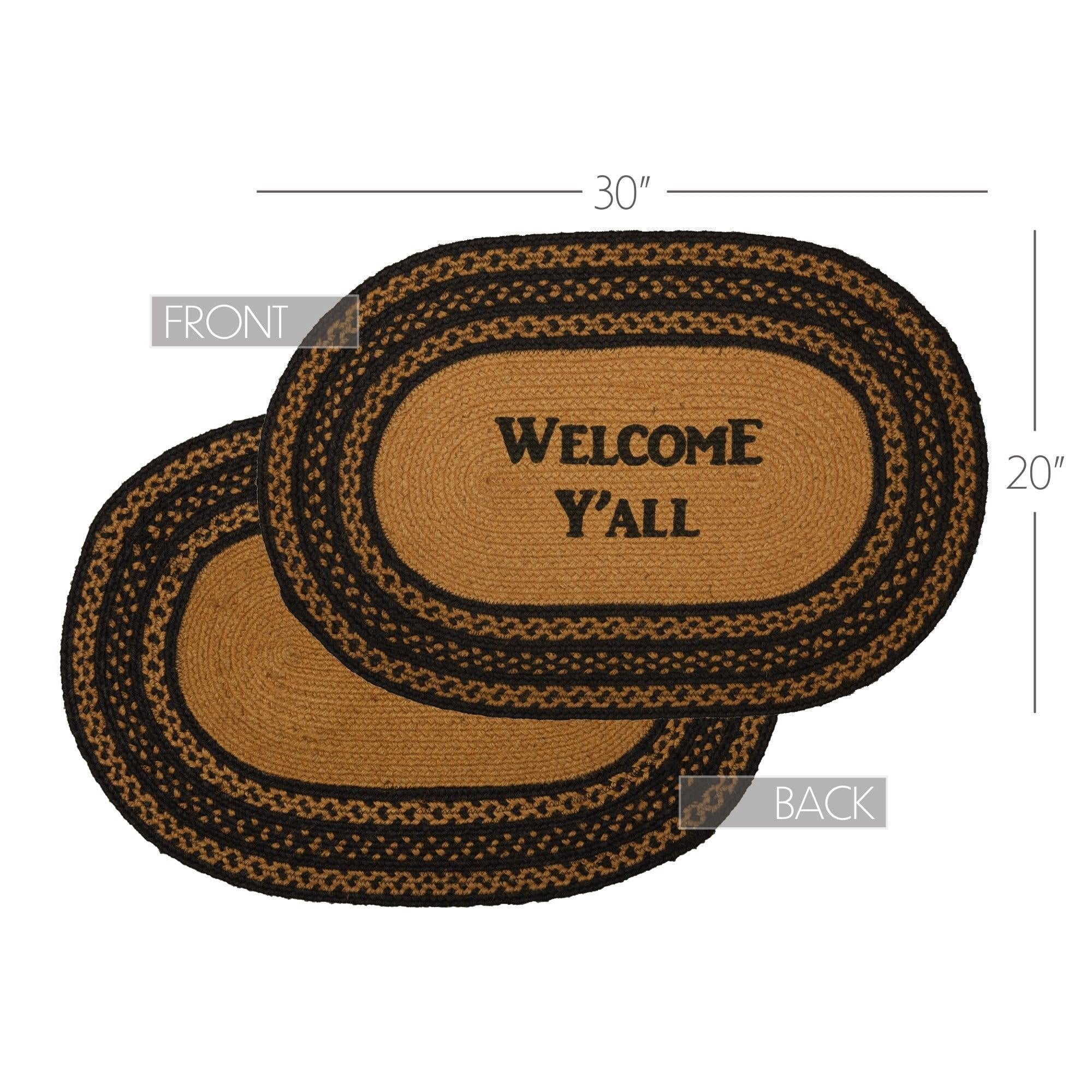VHC Brands Farmhouse Jute Black Stenciled Accent Rug Oval Welcome Y'all w/ Floor Pad 20"x30"