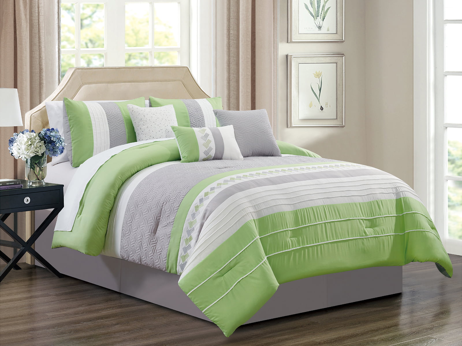 7 Pc Knoton Geometric Cube Lines Comforter Set Lime Green Gray Off White Queen Sfhs Org