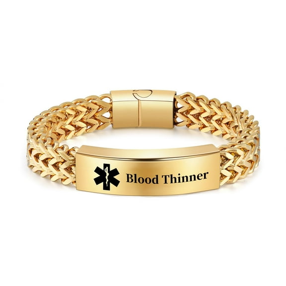 Vagzen Stainless steel Medical Alert ID Bracelet for Men, Engraved Blood Thinner, Gold