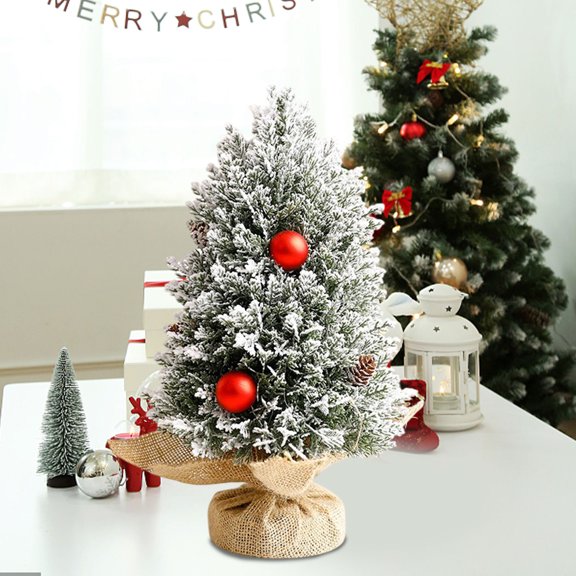Mini Christmas Tree 12.6inch Artificial Small Pine Trees with Burlap Base Made Of PVC Material Small Snow Frost Tabletop Trees with Red Balls For Christmas Decoration Home Office Party Decor