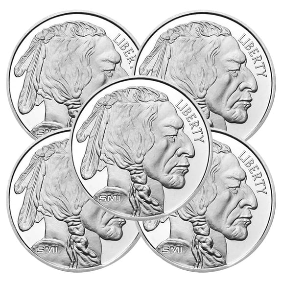 Lot of 5 - 1 Troy oz Sunshine Mint Buffalo .999 Silver Round Mint Mark SI