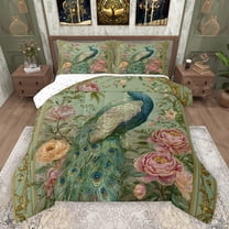 Castle Fairy Chic Floral Peony Peacock Comforter Set (Queen), 3-Piece