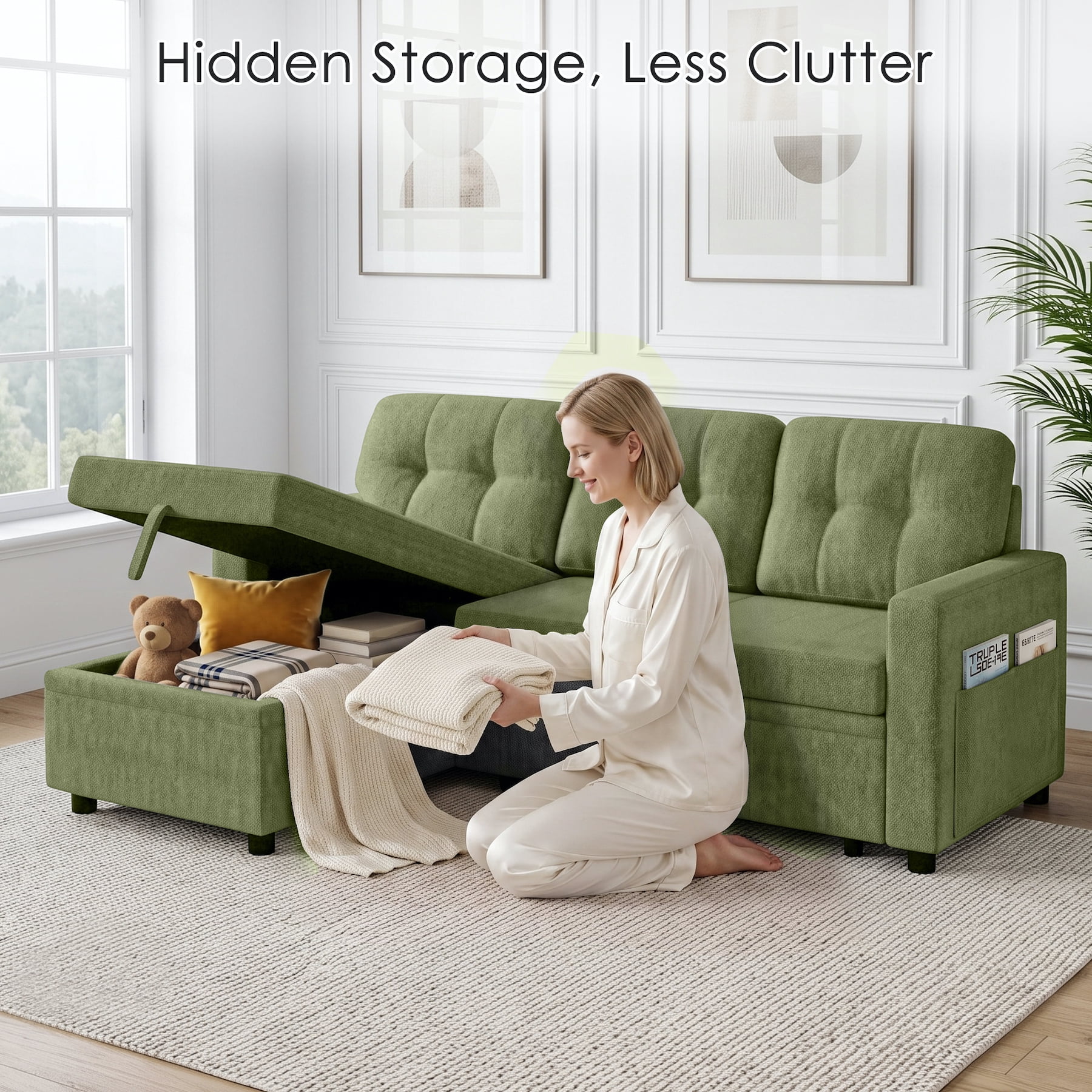 Xiweot Convertible Sleeper Sofa Bed, 82" L Shaped Sectional Couch with Pull Out Bed, Storage Chaise & Reversible Lounge, Teddy Fabric Compact Sectional Sofa for Living Room Apartment (Green)