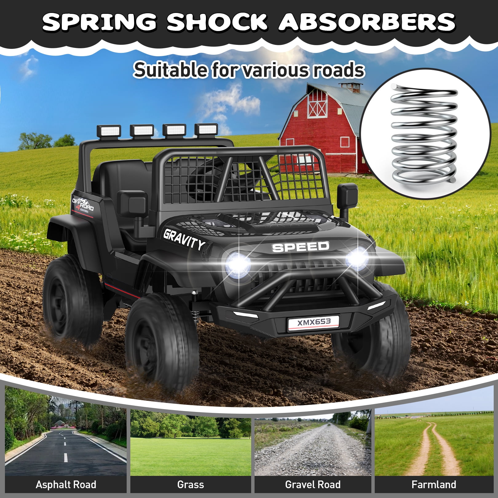 Funcid 24V Ride on Cars Truck with Remote Control, Electric Battery Powered Car with Spring Suspension, Ride on Toys for Kids, Built-in music, Cool LED Light, Bluetooth, USB, Black