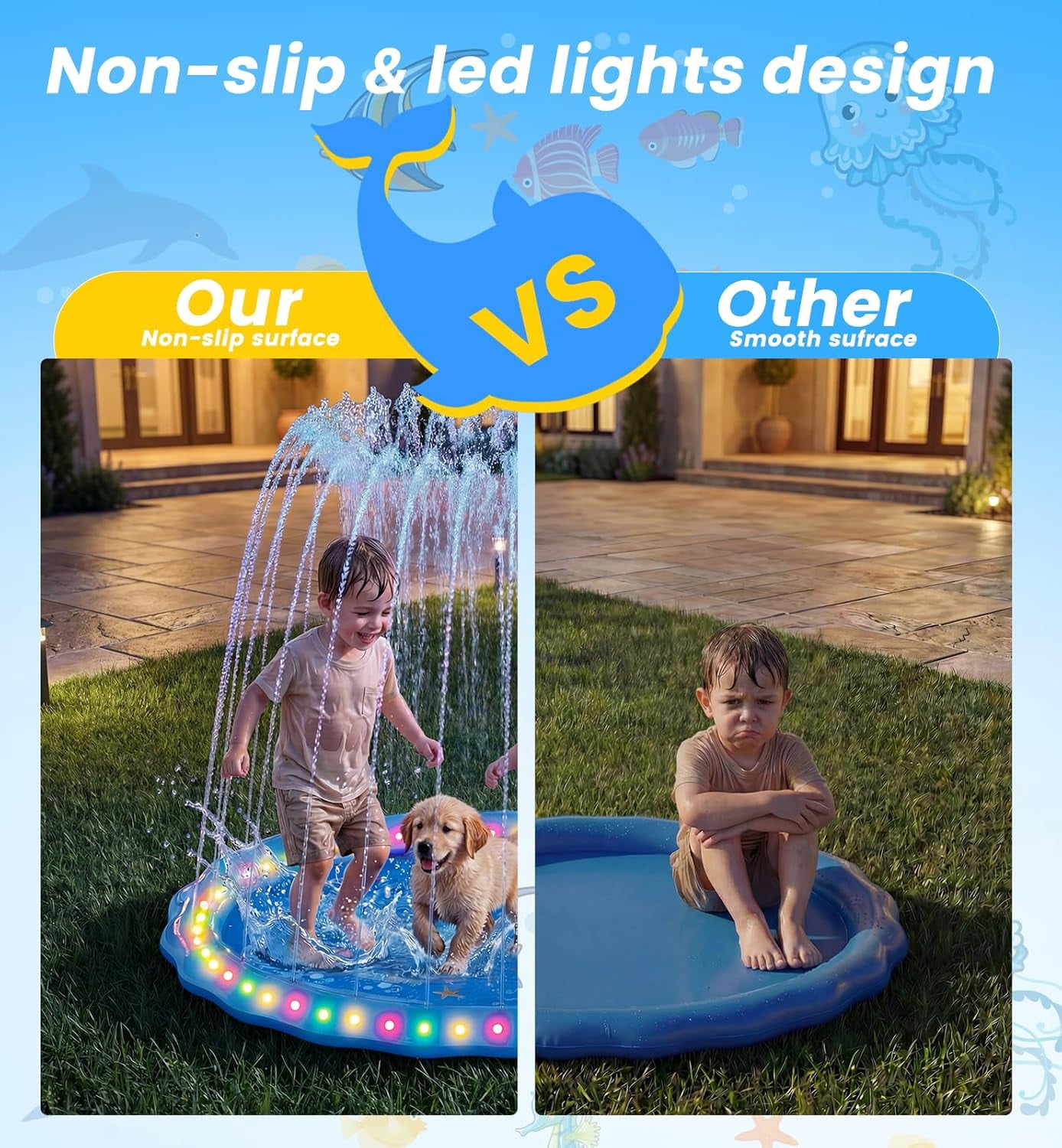 LED Glowing Splash Pad Sprinkler for Kids & Dogs, 60" Non-Slip Outdoor Water Toys Toddler Sprinkler Pool Splash Pad/Play Mat,LED Light Boys Girls Yard Sprinkler Pool for Age 3 4 5 6 7 8 9