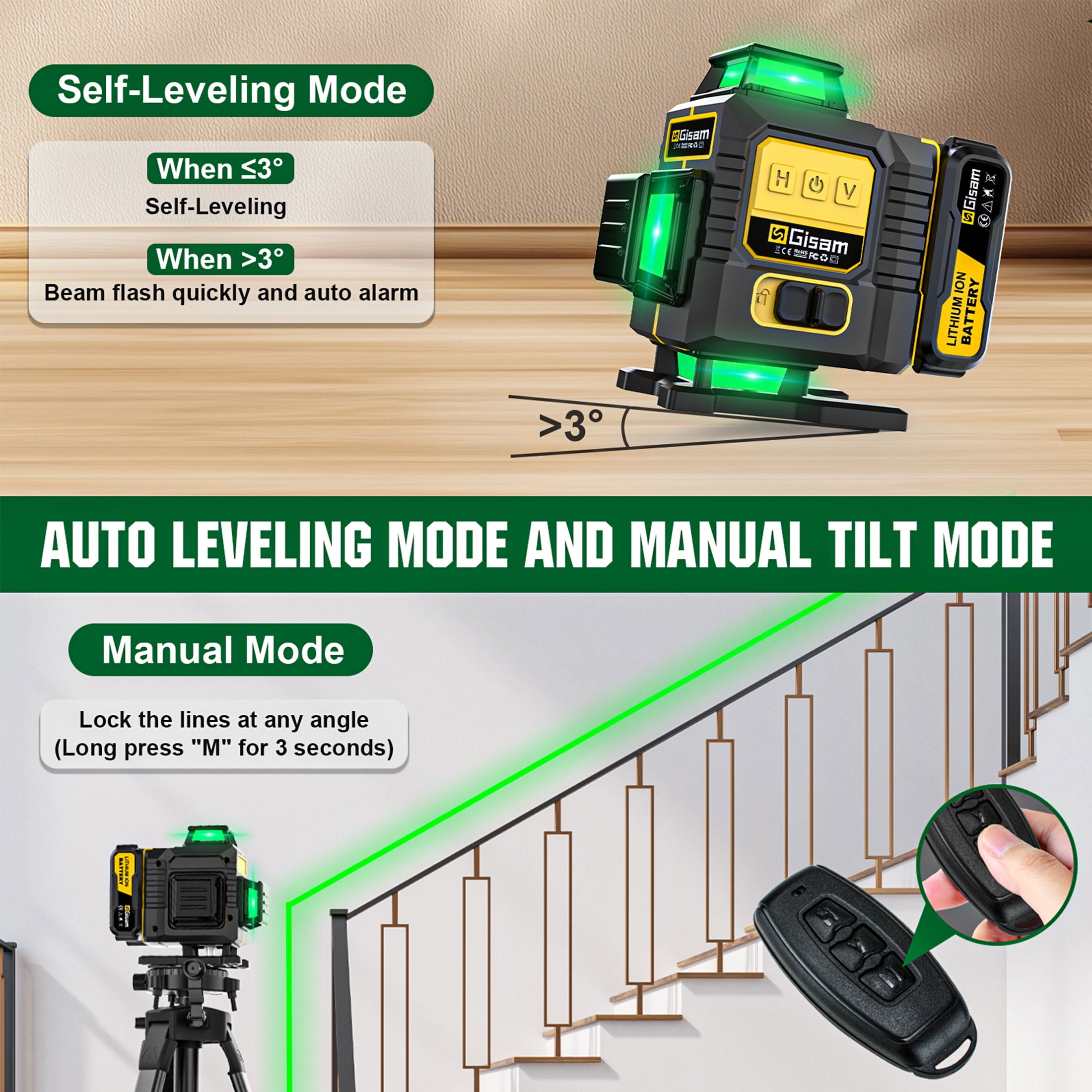 Gisam Laser Level,  4x360° Self-Leveling Green Cross Line 4D 16 Lines Laser  Metal Window Tool with Remote Control , 2* 4800mAh Battery, Magnetic & Liftable Bracket