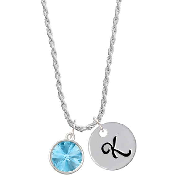 Delight Jewelry 12mm Crystal Rivoli - Hot Blue Silvertone Script Initial Disc - K - Charm Necklace, 20"+3"
