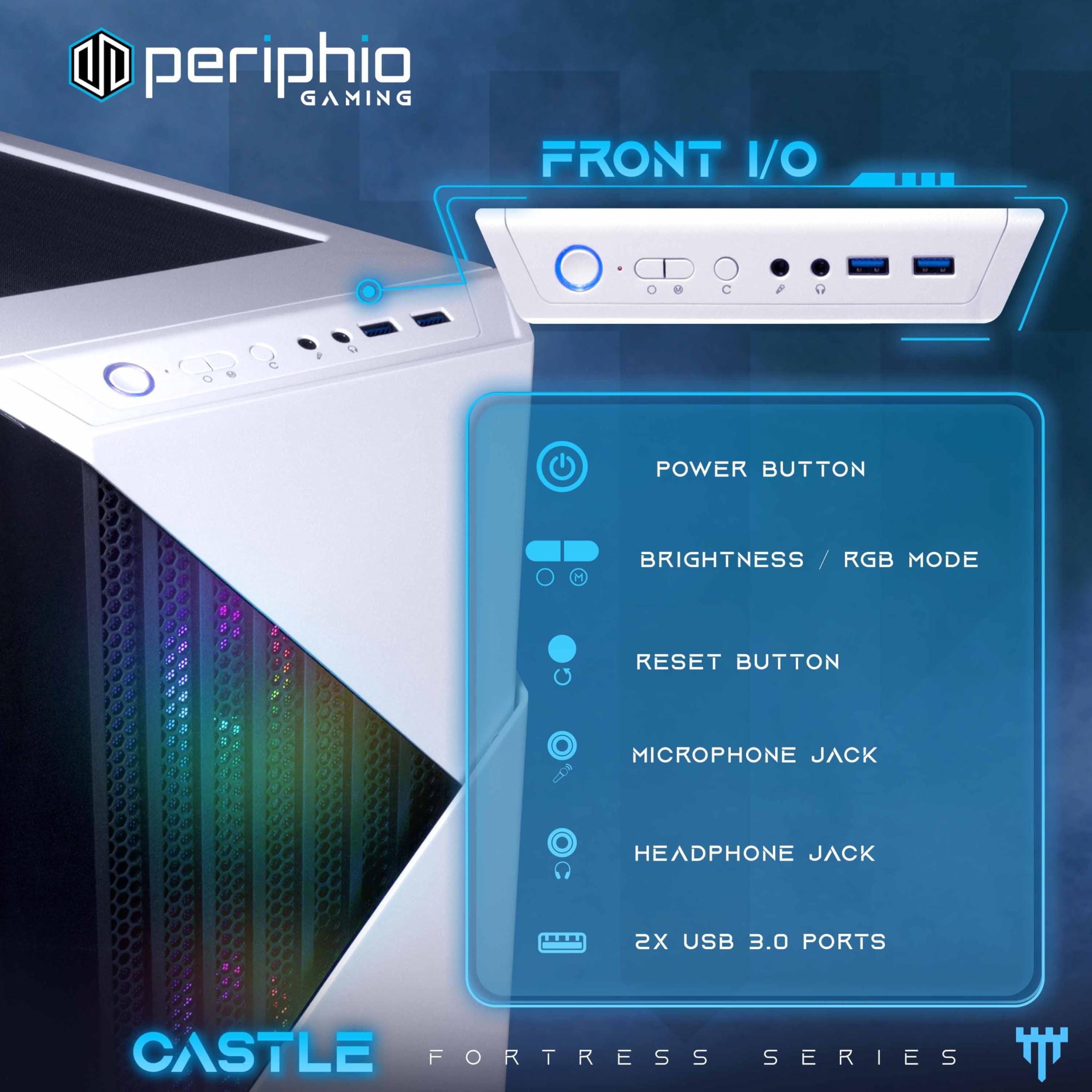 Periphio Castle Gaming PC, AMD Ryzen 5 5600GT up to 4.6GHz with Radeon Vega 7 Graphics, 16GB RAM, 1TB SSD, WiFi, Windows 11 Desktop Computer, White, 1080p PC Gaming - RGB Gamer Bundle, 24" Monitor