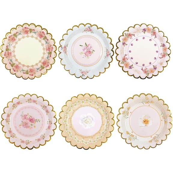 48 PCS Vintage Floral Paper Plates 7 inch, Scalloped Flower Tea Party Plates Disposable Cake Dessert Plate for Birthday Bridal Shower Baby Shower Wedding Party Decorations (Floral)