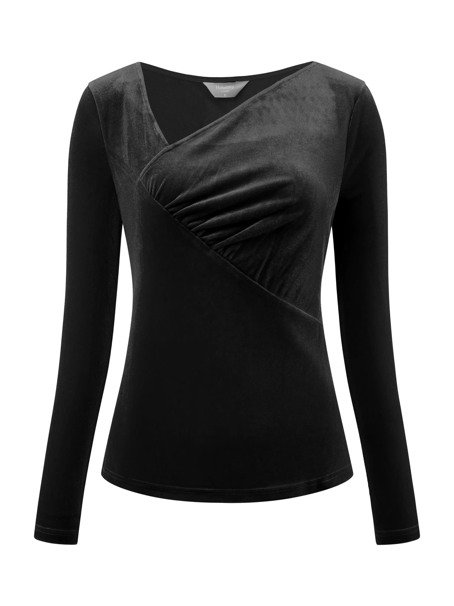 DARING DIVA Women's Asymmetrical Ruched Neck Long Sleeve Velvet Blouse M Black