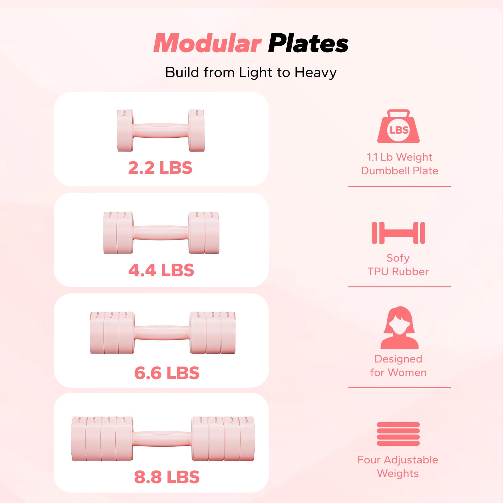 MERACH Adjustable Dumbbell Set, 4 in 1 Free Hand Weights for Women, Home Gym, 8.8 lbs, Set of 2
