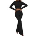 thumbnail image 1 of VISgogo, traje de 2 uds con pantalones para mujer, Tops cortos de cuello alto de manga larga de Color liso, pantalones acampanados largos de tiro alto, ropa de primavera/otoño para mujer VISgogo  moda, 1 of 9
