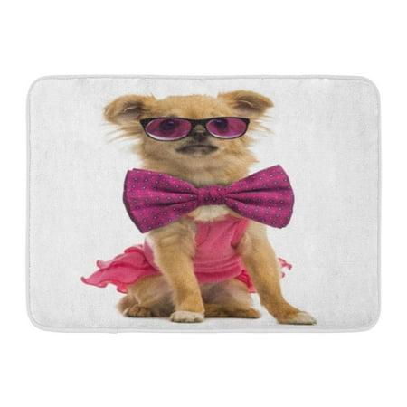 GODPOK Animal White Dog Chihuahua Puppy Wearing Pink Glasses and Bow Tie Pet Dressed Rug Doormat Bath Mat 23.6x15.7 inch