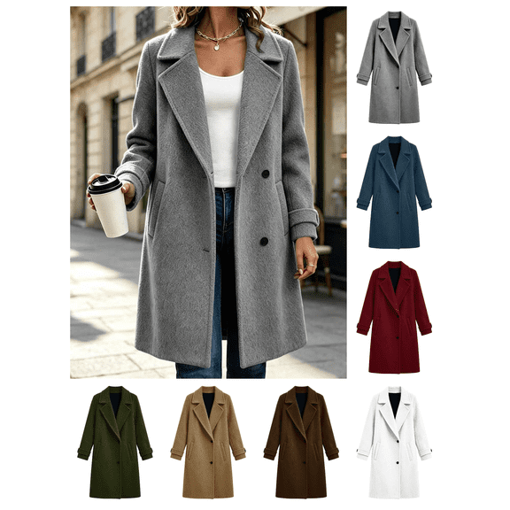 Zynoxe Womens Jackets With Side Pockets Classic Notched Lapel Button Winter Jackets for Women Relaxed Mid‑Length Long Sleeve Coat Versatile Solid Color Casual Overcoat S