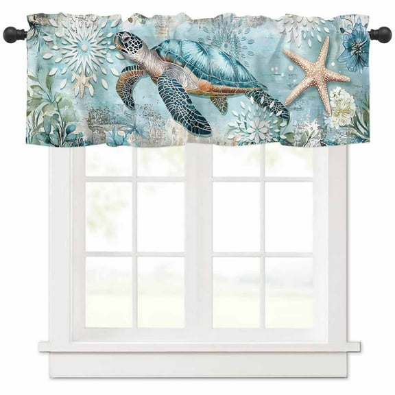 Hokiten Rod Pocket Curtain Valance, Sea Turtle Coastal Farmhouse Window Valance for Living Room, Bedroom, Kitchen Vintage Teal Nautical Beach Botanical 42"W x 12"L