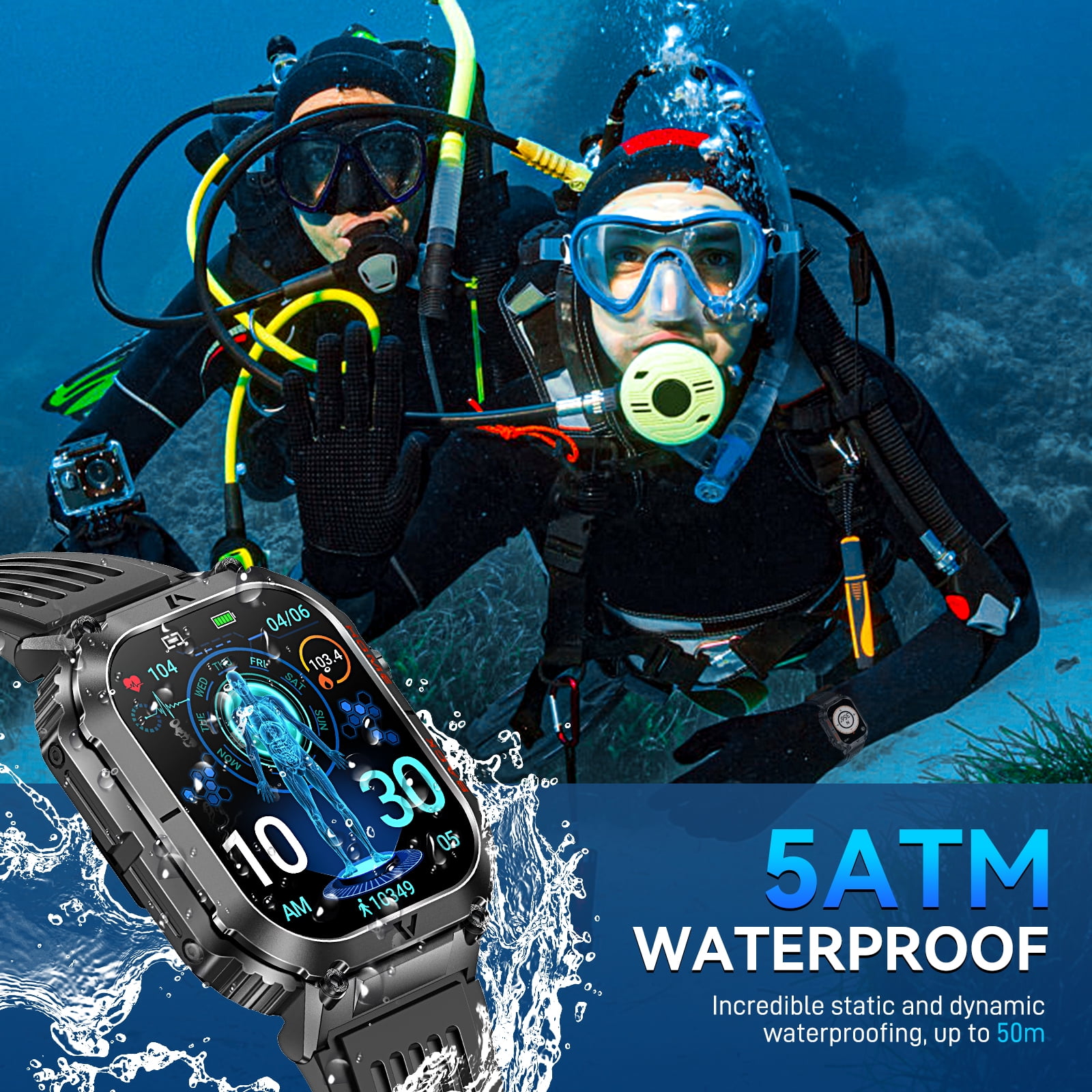 Cyberdyer Military Waterproof, Rugged, Compass Fitness 2.02" Black Case with Black Band Smart Watch