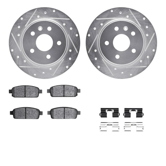 Dynamic Friction Company Rear Brake Rotors-Drilled and Slotted-Silver with 5000 Advanced Brake Pads includes Hardware 7512-45029