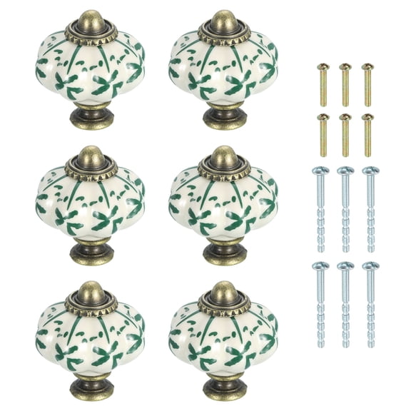 Uxcell 6 Pack Ceramic Knobs, 35mm/1.38" Pumpkin Cabinet Knob Drawer Pull Handle Vintage Drawer Knobs with Screws for Vanity Bedroom Furniture Closet, Green