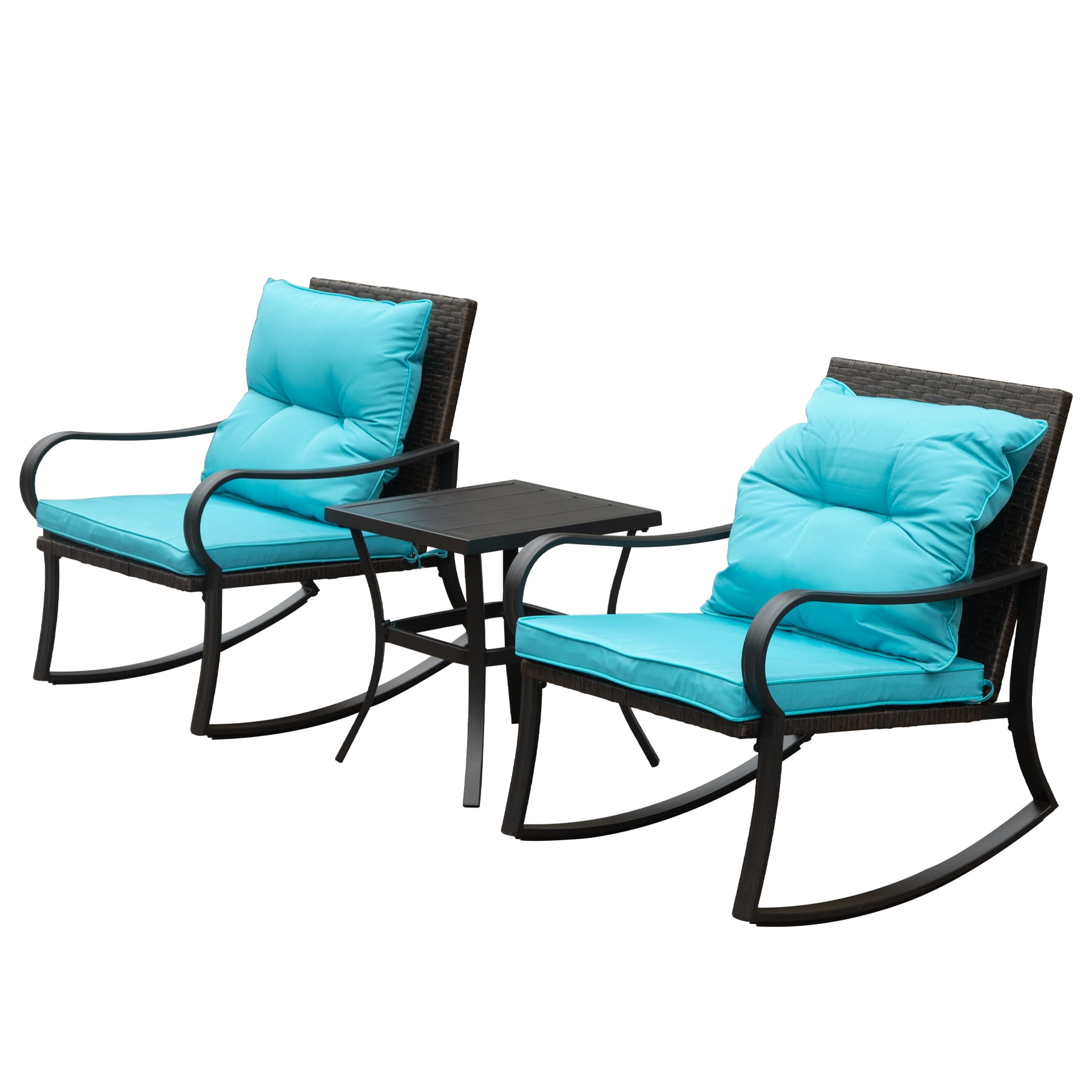 Leumius 3-Piece Outdoor Rocking Chair Set,Wicker Rocking Bistro Patio Set with Cushions & Table for Backyard, Porch, Balcony, Poolside,Blue