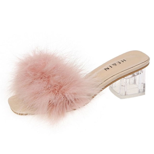Zapatillas de moda con punta abierta para mujer, piel de zorro de felpa gruesa con chanclas, zapatos de tacón simples con punta cuadrada para banquete en casa Sexy, novedad de verano