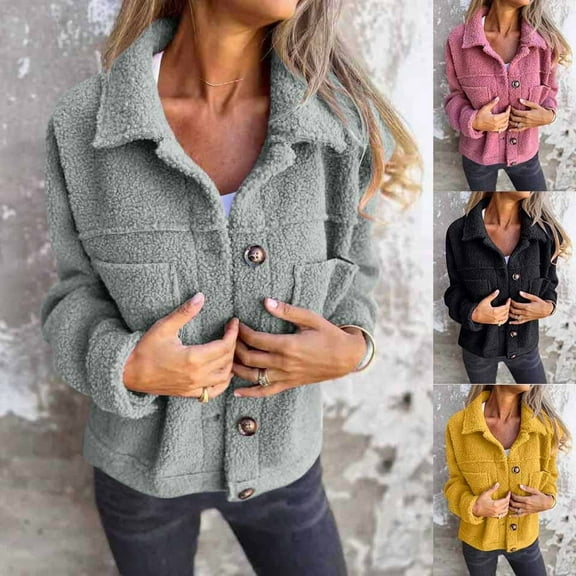 USSUMA Women's Winter Faux Fur Fleece Coat Cute Soft Fuzzy Shacket Button Down Shearling Plush Jacket Short Outerwear up to 65% Off