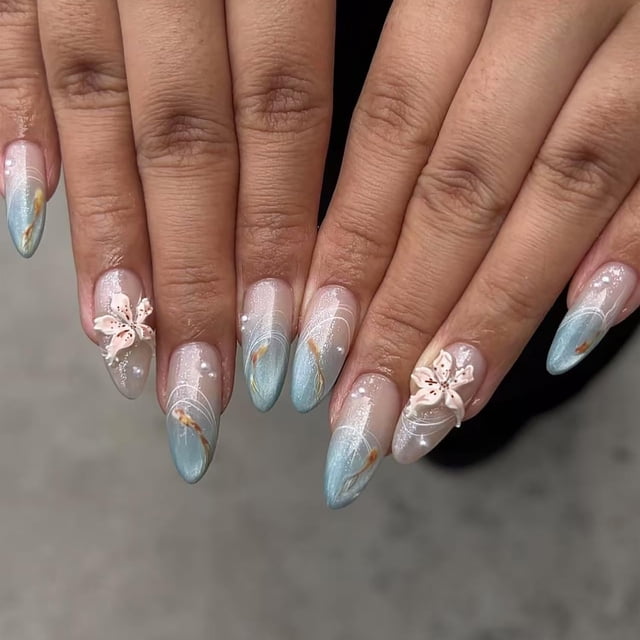 Uñas postizas Press On Lukmexor medianas con diseño de flor y perla, 24 piezas