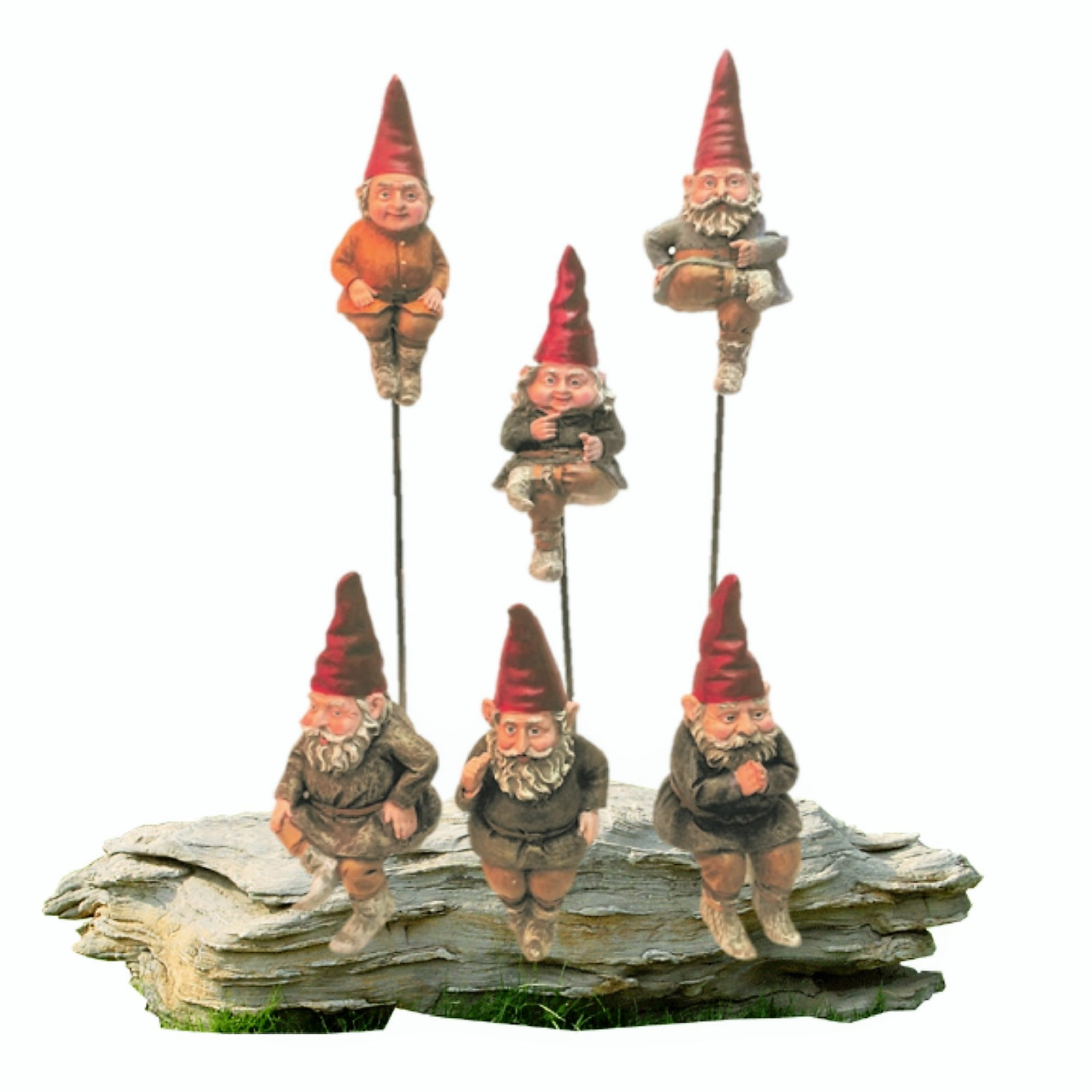 Homestyles Classic Old World Garden Gnome 6"H Shelf Sitter Assortment (1 each of 6 Styles) with Removable 8" Metal Garden Stake