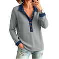 thumbnail image 3 of Shirts for Women Trendy Long Sleeve Button Up Collared Shirt with Denim Collar Fall Waffle Knit Patchwork Polo Shirts 2XL, 3 of 5