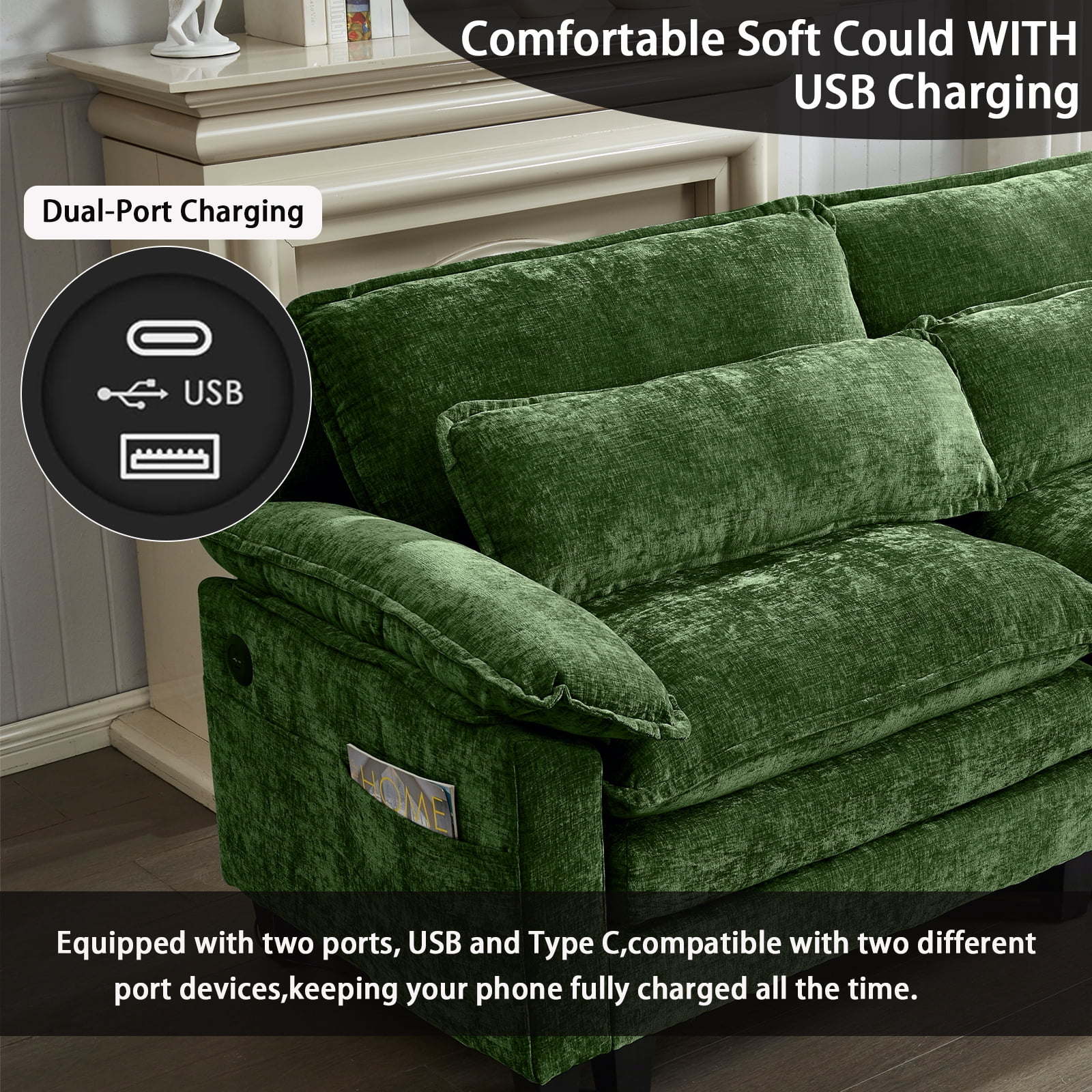 113'' Modular Sectional Sofa,L Shaped Couch with Movable Ottoman, Convertible Sectional Couches with Deep Seat, 3 Seat for Living Room Comfy Cloud Sofa with USB Side Pockets & Charging(Green)